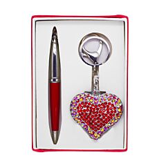 Coffret stylo et porte-clés cœur strass 