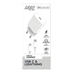 Pack chargeur secteur USB-C 20W + câble lightning Apple blanc Myway