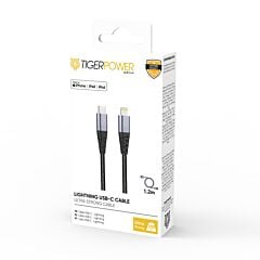 Cable ultra résistant USB-C vers lightning gris Tiger Power