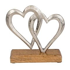 Coeurs doubles argentés en métal sur socle en bois 17cm