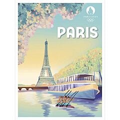 Affiche officielle Tour Eiffel, Seine et péniche 30x40 cm JO Paris 2024 