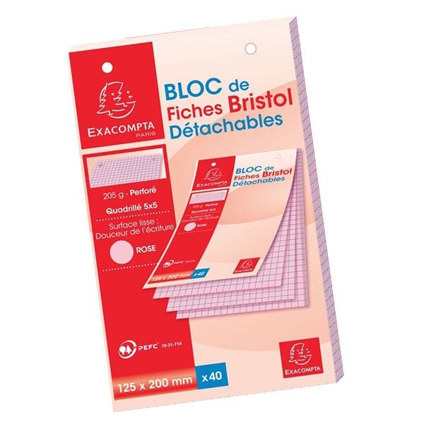 Bloc de 40 fiches bristol couleurs détachables perforées Q.5X5 Exacompta -  Blocs et notes Exacompta