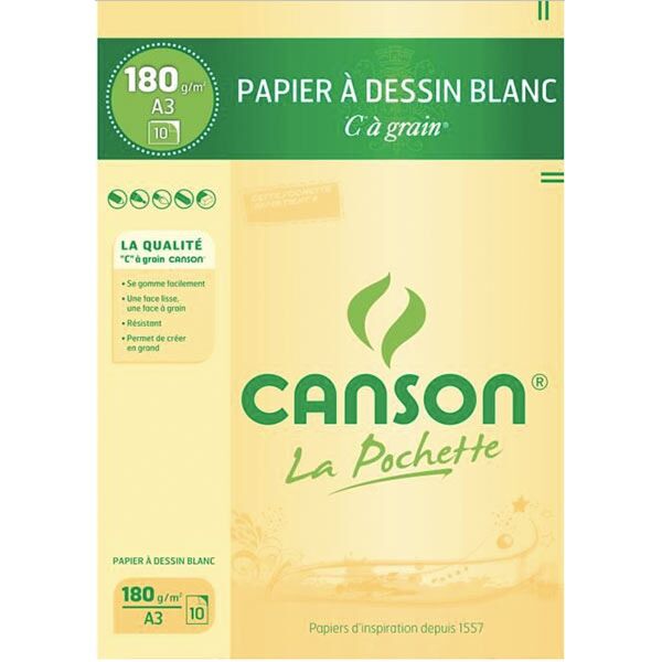 Papier dessin 10 feuilles A3 blanc 180 g Canson - Blocs dessin et tableaux  Canson