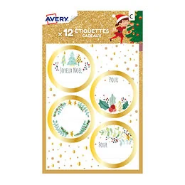 12 étiquettes dorées cadeaux de Noël Avery