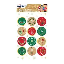 24 étiquettes rondes rouges et vertes calendrier de l'avent Noël Avery