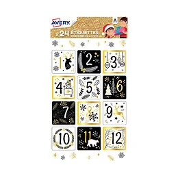 24 étiquettes noires et dorées pour calendrier de l'avent carrées Avery