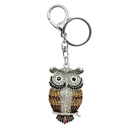 Porte-clés hibou en émail et strass marron