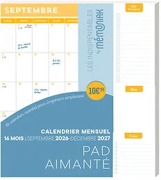 Pad aimanté - calendrier mensuel septembre 2026 décembre 2027 - 16 mois