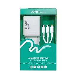 Chargeur secteur avec cable 3 en 1 blanc Wyn