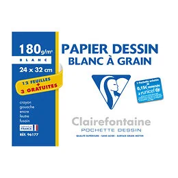 Papier dessin 15 feuilles 24 x 32 cm blanc 180g Clairef
