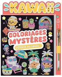 Coloriages mystères kawaii détente au soleil (avec stylo gel doré)