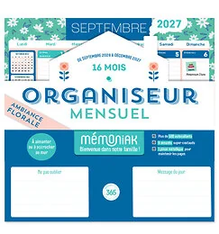 Organiseur mensuel Mémoniak 2027 - Ambiance florale, 16 mois, septembre 2026-décembre 2027