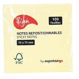 Notes repositionnables bloc 100 feuilles 75x75 mm Sign